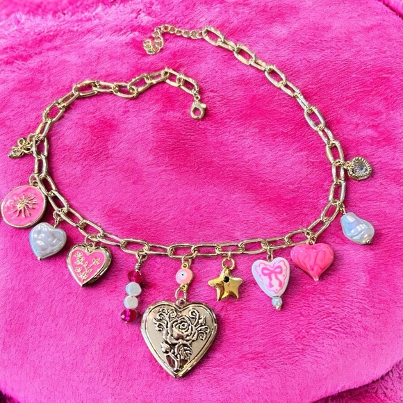 Pink and gold charm necklace Girly and Cute Coquette girl aesthetics Adorable - Picture 14 of 17